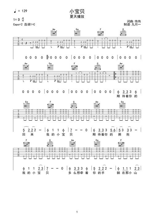 小宝贝-夏天播放 完美c调完整版吉他谱c调六线pdf谱吉他谱-虫虫吉他谱