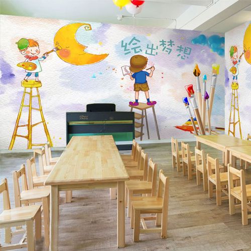 创意卡通绘画美术教室墙纸少儿培训班幼儿园背景墙儿童房装饰壁纸