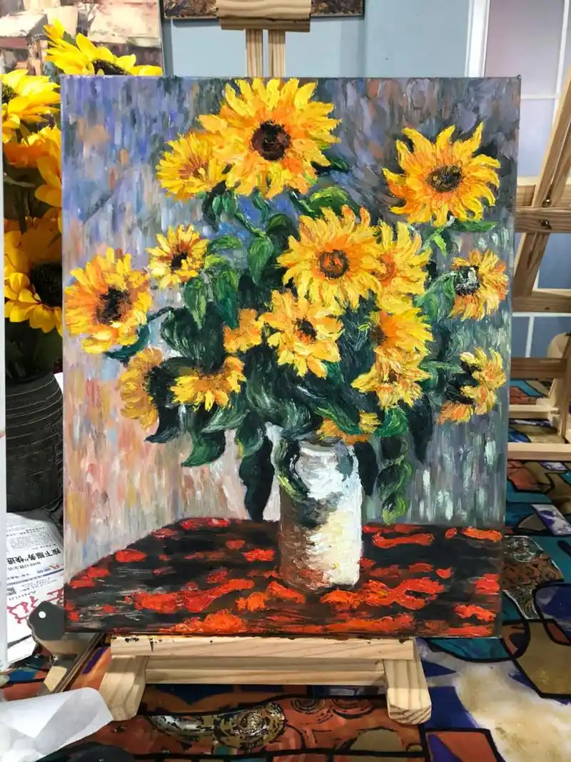 每日艺术/临摹莫奈作品《一束向日葵》油画 #油画 - 抖音