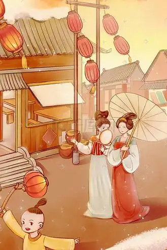 黄色新中国风水墨古装女子逛街