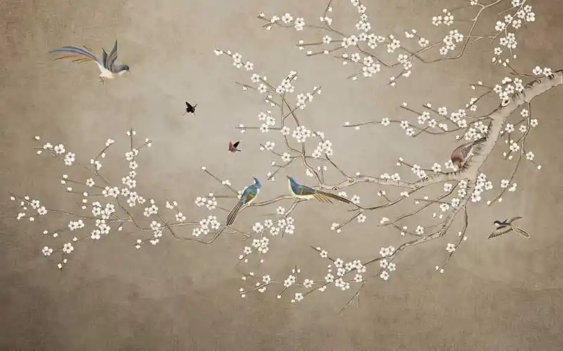 壁画_背景墙_xt17482中式工笔花鸟白梅花枝锦鸡画眉鸟_壁画图库_壁画