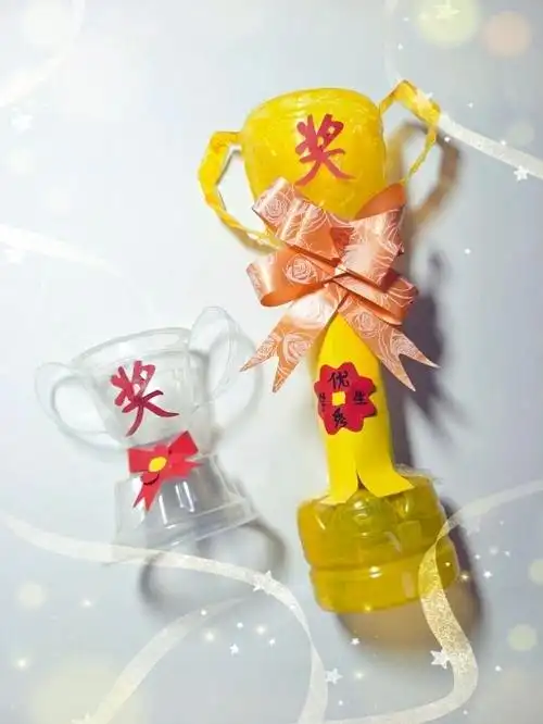 奖杯的形状各不相同,都利用了废旧物,如塑料饮料瓶,纸碗,纸盒,废旧