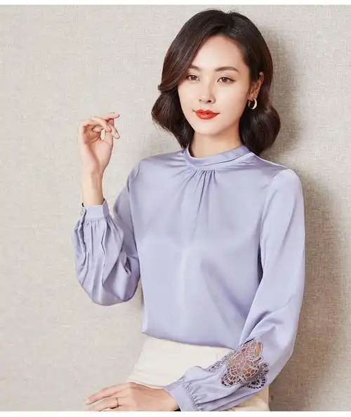 灯笼袖真丝衬衫女长袖春秋衫时尚妈妈洋气缎面小衫桑蚕丝上衣 藏