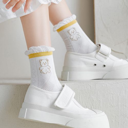袜子女春秋日系可爱女生纯色中筒袜纯棉透气薄款花边ins白色短袜