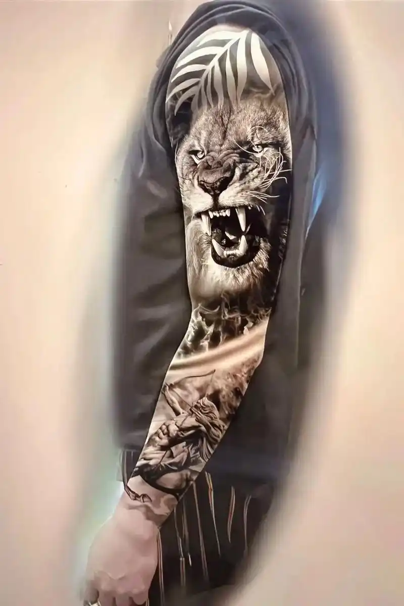 闵行纹身 元素:狮子座 射手座 天秤座 火焰 部位:左手整臂 风格:琶览