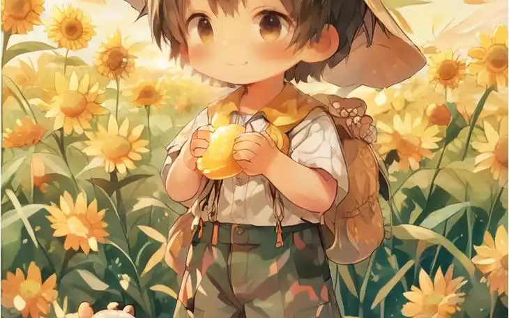 阳光下的麦田里小男孩,是治愈系!