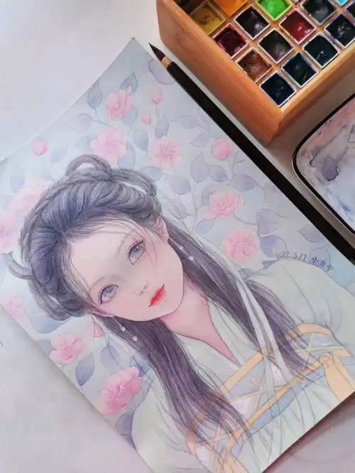 手绘水彩古风少女手绘过程图