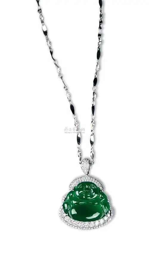 0378祖母绿翡翠笑口佛镶钻吊坠