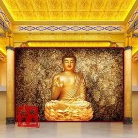 寺庙佛堂壁纸中式18d玄关客厅金色释迦牟尼佛像背景墙纸定制壁画