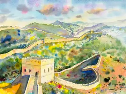中国的长城在慕田峪长城.水彩画照片