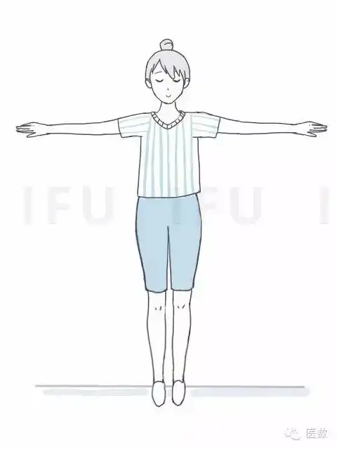 动作3:双臂向体侧平举,双眼闭上,伤侧下肢伸直