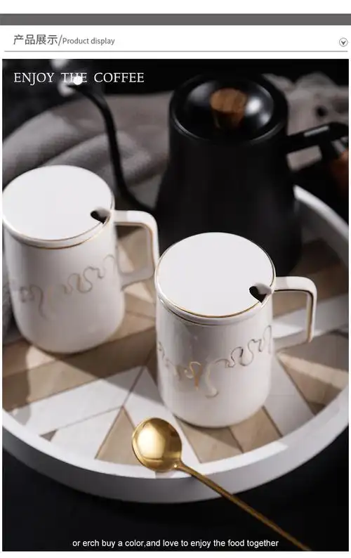 新骨瓷手绘描真金图案陶瓷马克杯带盖勺情侣水杯定制logo陶瓷杯