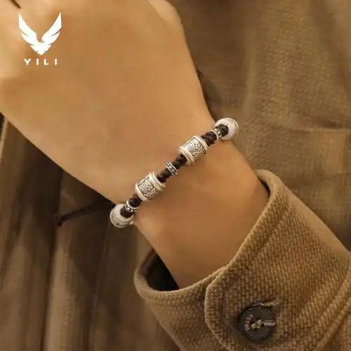 六福顺安男士编绳手链转运珠男生简单大方999纯银男款银手绳