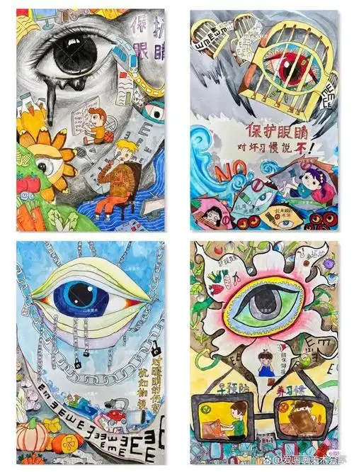 "爱眼 护眼 用眼"主题的绘画可以以呼吁人们关注眼睛健康,正确使用