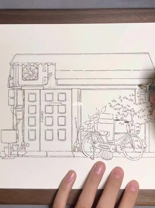 钢笔淡彩咖啡店线稿过程