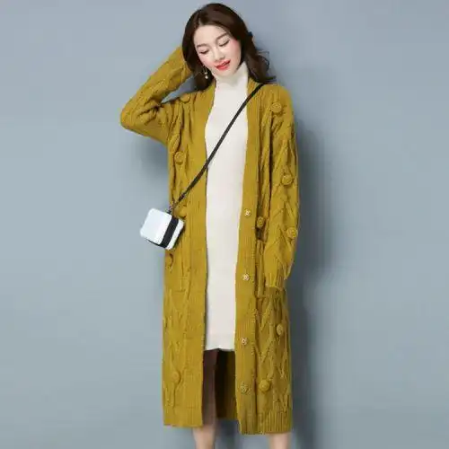 2017秋冬针织衫时尚百搭手工毛球毛衣外套开衫长款加厚过膝大衣潮