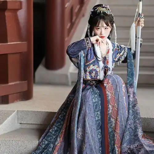 成人女士汉服青黛改良唐背子加厚半臂圆领齐腰古风襦裙日常款套装