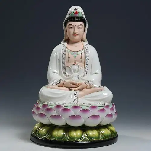 【上美】陶瓷16寸坐莲抱珠观世音菩萨观音佛像佛堂工艺品桌面摆件