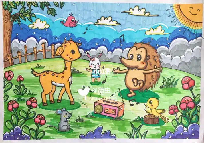 动物春游的快乐情景简笔画