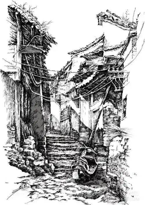 67钢笔画学习一下乡村建筑类钢笔画吧