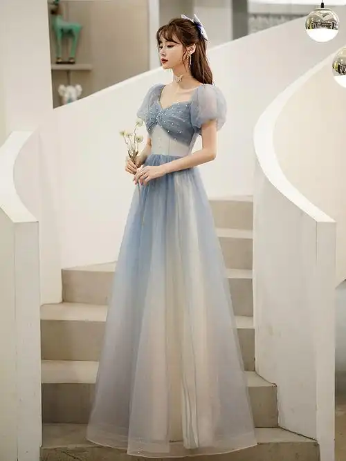 仙气晚礼服2022新款秋春季蓝色星空长款宴会姐妹团淡雅年会礼服