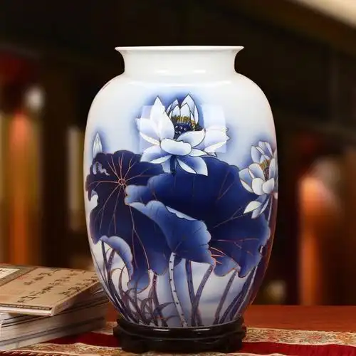 景德镇陶瓷器 高档描金荷花冬瓜大罐花瓶 欧式古典摆件设