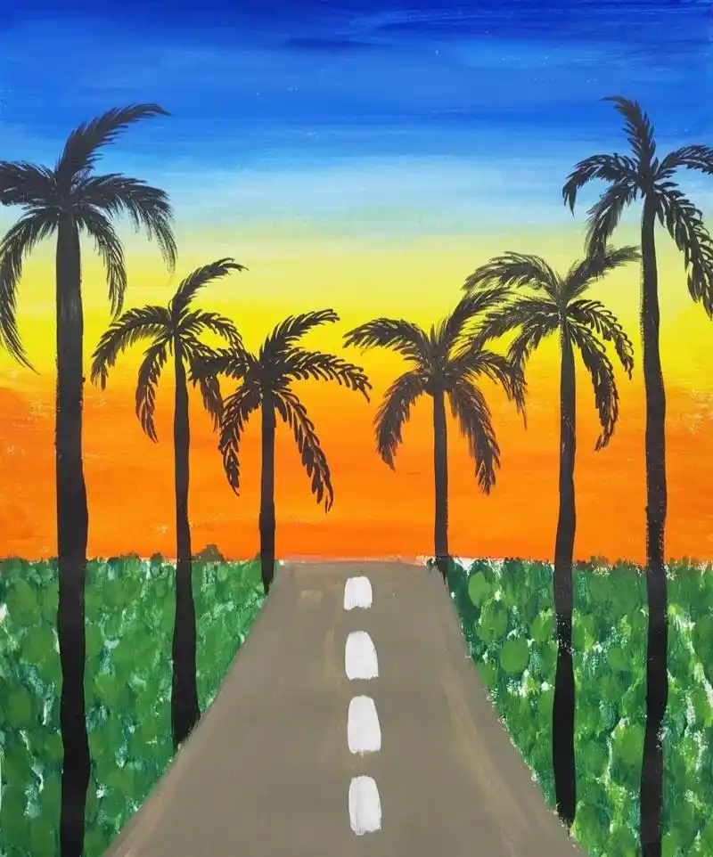 水粉画 少儿美术适合6-8岁主题:夕阳公路知识点:透视 - 抖音