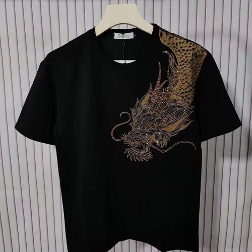 黑白造欧洲站夏季新款潮牌烫钻过肩龙短袖龙纹t恤下山虎棉t恤情侣