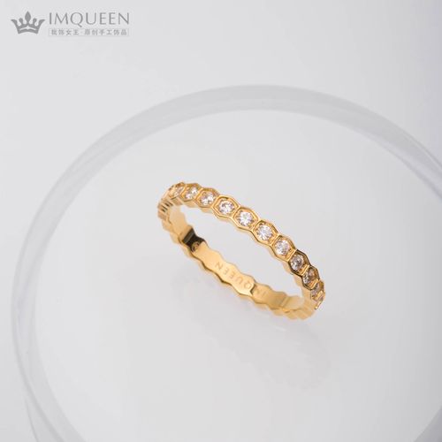 简约镀18k玫瑰金彩金六边形镶钻蜂窝蜂巢戒指女 潮人组合指环饰品