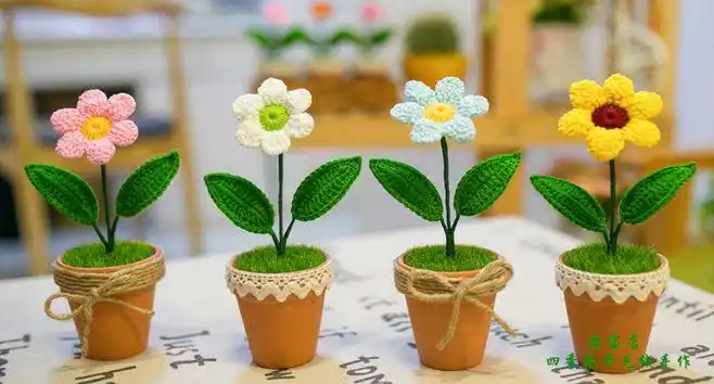 纯手工毛线彩蝶太阳花盆栽仿真工艺品客厅卧室摆件创意家居装饰品