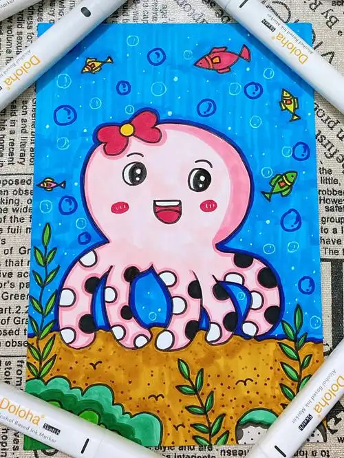 马克笔创意简笔画可爱的小章鱼视频