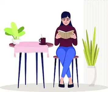 女人坐在厨房半平rgb颜色矢量图女性坐在椅子上,杂志有书的人在咖啡桌