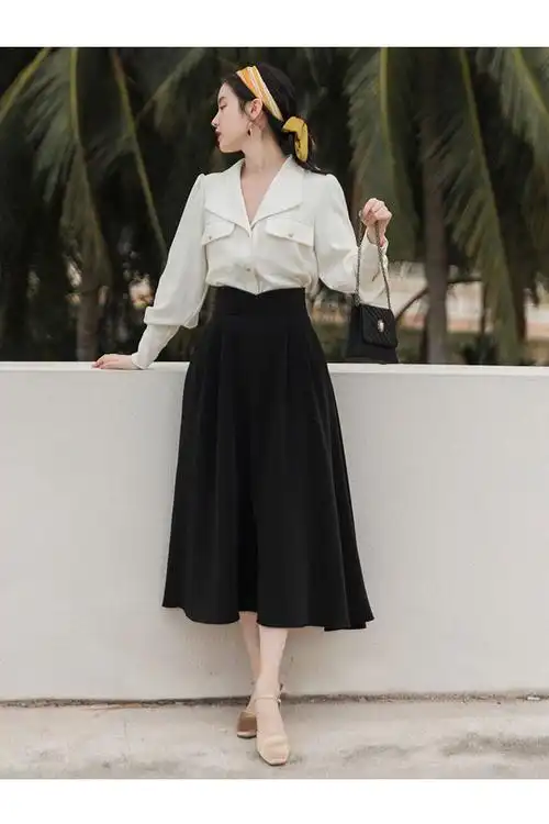 法式复古白色衬衣配黑色半身裙两件套时尚减龄洋气套装上衣半身裙s