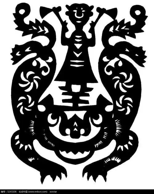 拿着斧子站在虎背上的人黑白剪纸图