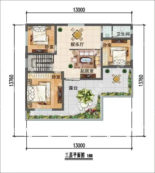 13米x14米三层农村自建房平面图