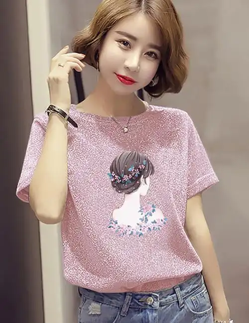 新款夏季韩范亮丝百搭 strong>宽松 /strong>t恤短袖女学生韩版圆领