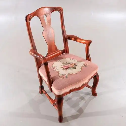 西洋古董家具英式安妮女王扶手椅中古绒绣椅