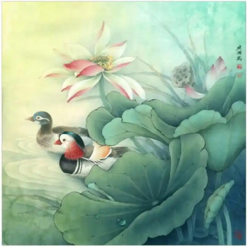 李晓明老师工笔花鸟作品——【荷花鸳鸯图】,细节图分享.(求大 - 抖音