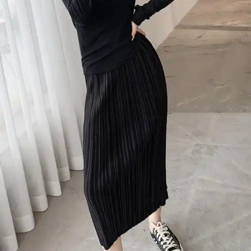 三宅半裙夏季褶皱黑色半身裙女直筒包裙子松紧半身裙