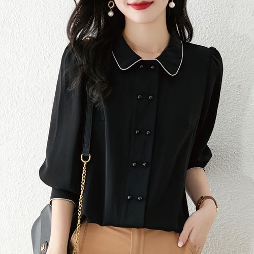 慕慧尔品牌雪纺衬衫女士春秋2024年新款时尚洋气上衣黑色小衫长袖衬衣