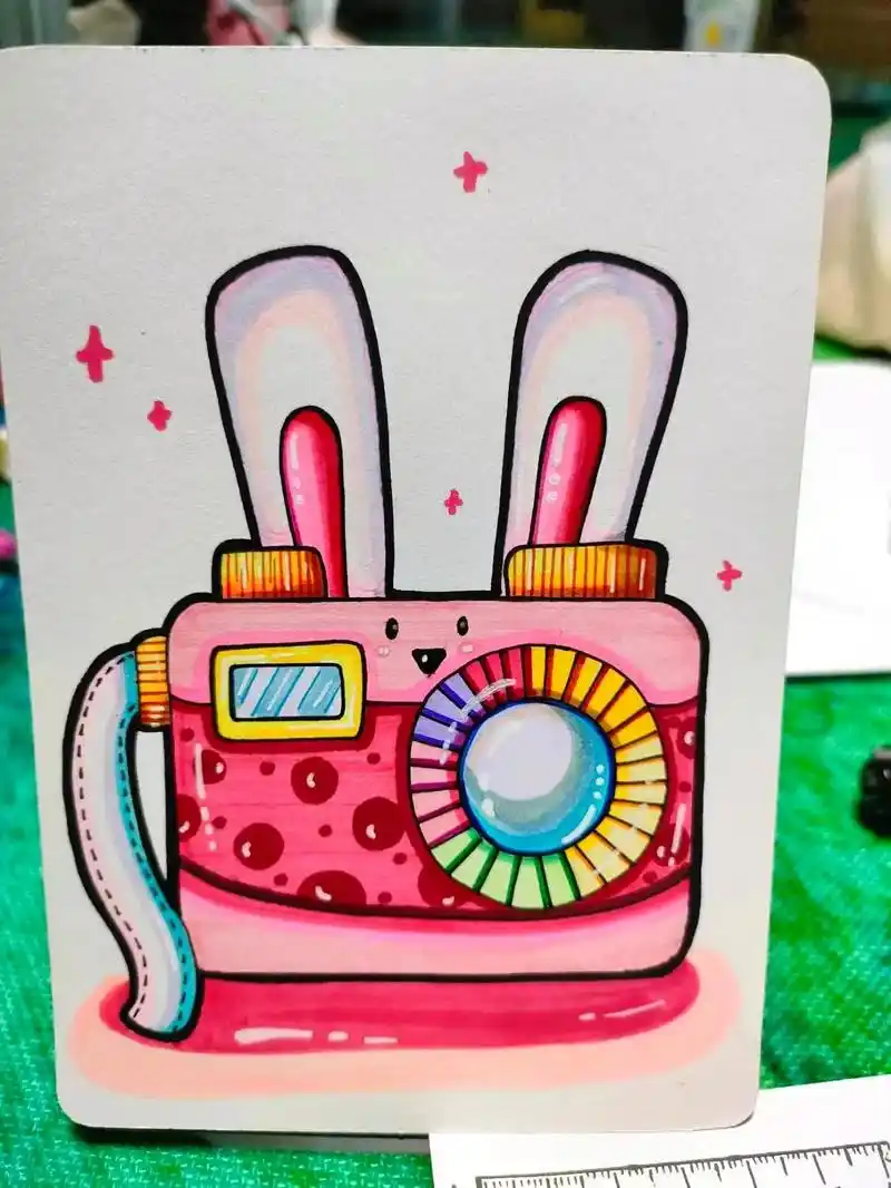 分享一个超萌粉照相机绘画#马克笔手绘 #创意美术 #一起学画 - 抖音