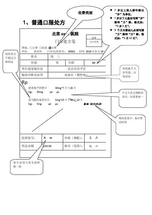 1,普通口服处方 2,静脉给药处方 3,精二药品处方