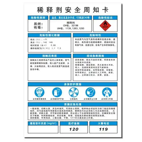 油漆稀释剂安全周知卡易燃有毒危险化学品安全告知牌提示贴纸定做