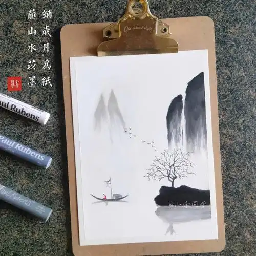 油画棒作品国风水墨画山水之间78步骤色号