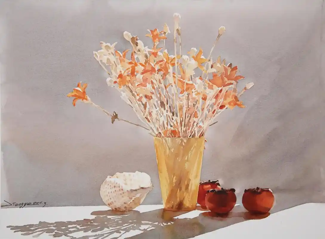 水彩画《秋阳》创作步骤  第一步:在上色前用留白胶遮挡所有静 - 抖音