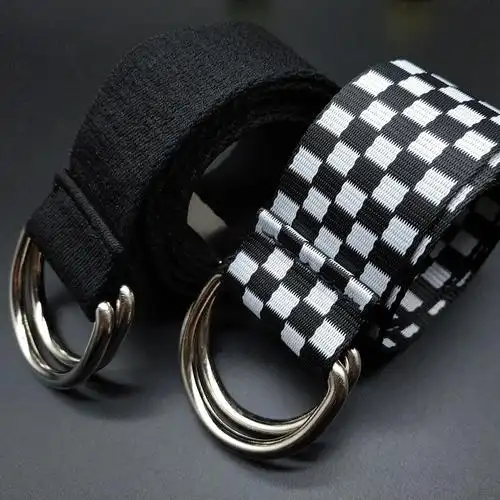 厂家直销女士腰带格纹帆布腰带创意d形双环扣头休闲belt牛仔裤带