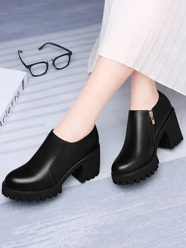 2021春季新款舒适单鞋粗跟鞋高跟鞋时尚真皮女鞋春天春款鞋子