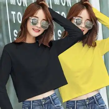 秋季高腰露腰露肚脐长袖小款上衣女士打底t恤短款上衣女ins新款韩版