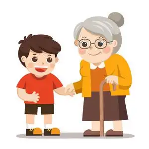 善良的孩子好幸福的老太太和一个步行者牵着小男孩的手.