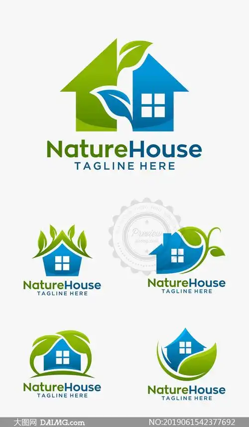 绿叶装饰房子标志创意设计矢量素材